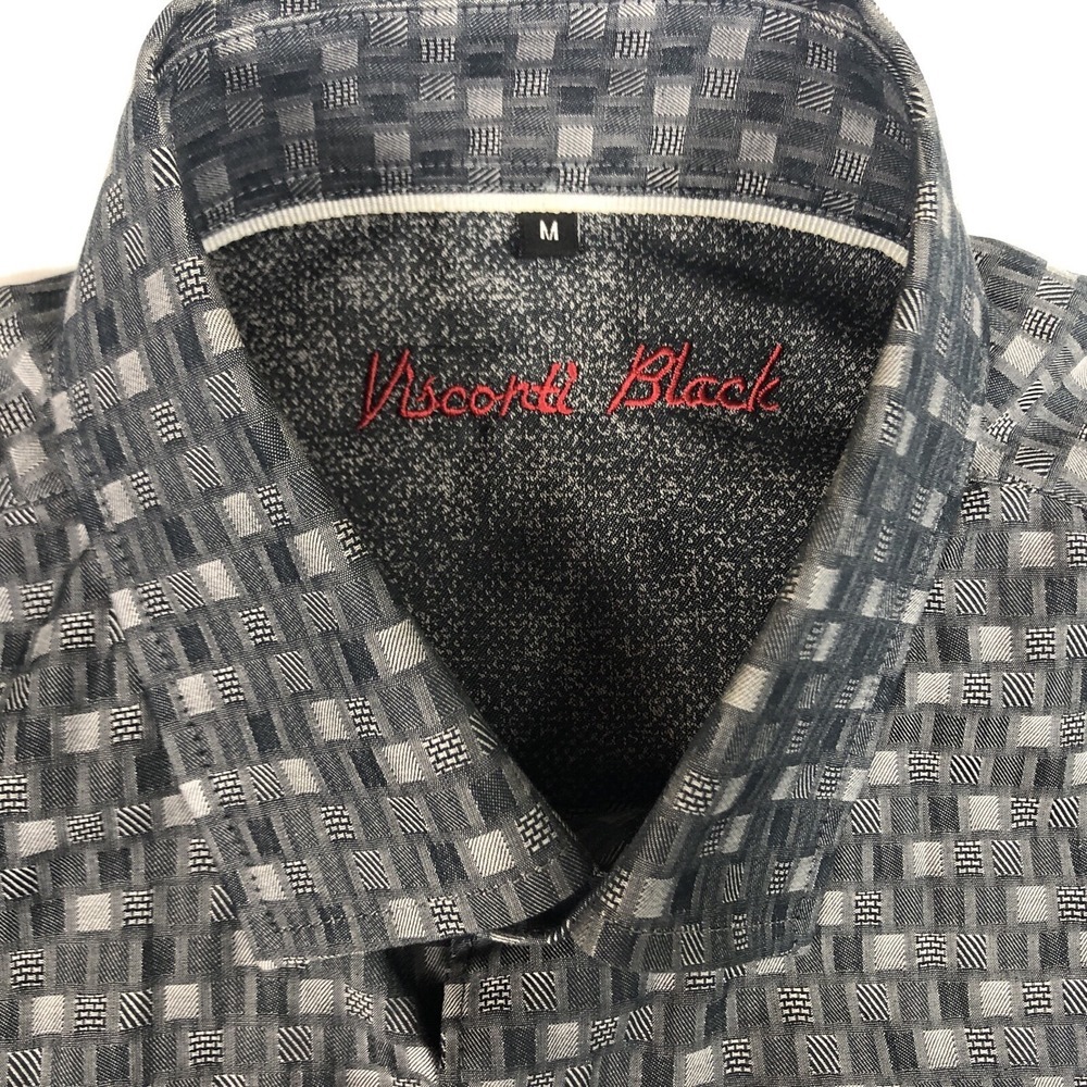 Visconti Black Shirt Men's MED Black Gray Weaved Button Up Long Sleeve Flip Cuff - Picture 4 of 9